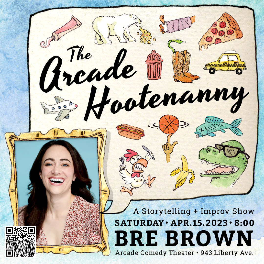 A promotional image for the Arcade Hootenanny. The monologist Bre Brown is in a hand-drawn golden ornate frame as if their picture should be hung on a wall in a museum. She has a big smile and her hair is draped over a red floral pattern top. There is a speech bubble that is a mish-mash of a lot of hand-drawn images that are to represent what possible stories they could tell. Toothpaste, pizza, a polar bear vomiting, a ravenous chicken with a fork and knife in their wings ready to eat, a green dinosaur wearing sunglasses, a snake coming out of pair of cowboy boots. A thumbs up coming from a cast, and of course a hot dog. There are more. It is a lot. Very vivid!