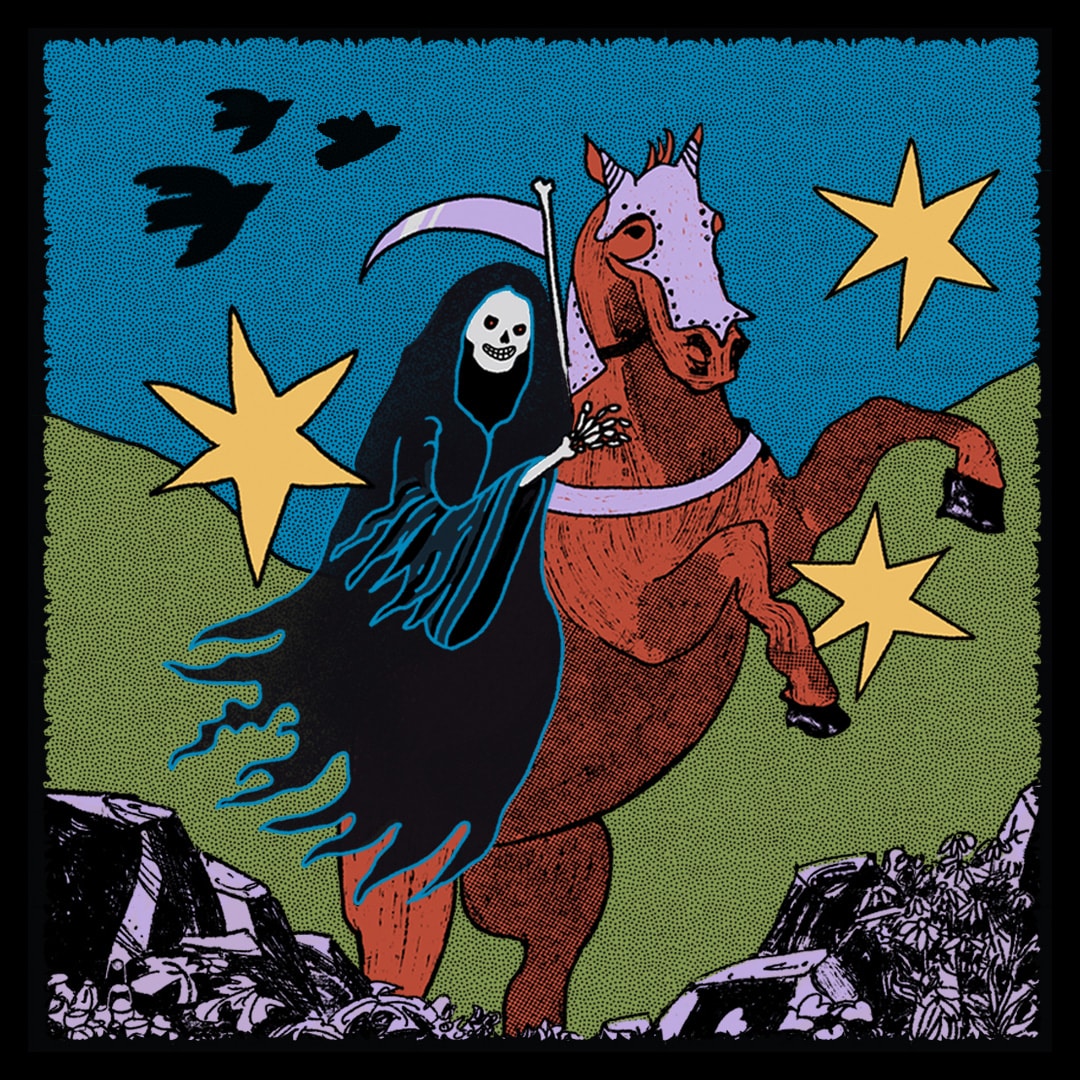 An illustration of a majestic brownish-red horse with some faint purple like armor on. The horse is on its two hind legs raising the front two as if to go, “Yea I am gearing up for something here, I sure hope my rider knows what they are doing otherwise I am going to throw them off.” That rider? Death. That’s right, Death, themself. They say Death rides a pale horse, but this Death does its own thing. It’s skull reveals an devilsh grin, almost to go, “Yea… it me. I am up to no good, but I am fun.” It has two red hot coals beaming out of its sockets (it’s a skull after all) and is cloaked in a black cloak hooded up, but with midnight blue shadowing. It has hits right boney hand out on the horse as if to go, “Whoa, easy buddy. I know what I am doing, you know what we are doing, but let’s like … not kill ourselves here. That is my job.” In the other hand a scythe, with a bone handle. Probably from someone famous, or infamous, and now Death is like, “This my bone now. I use to collect more bones.” 3 birds (crows?) fly in the bright blue sky. 3 stars (a vision?) populate around. The landscape a green valley, the foreground faint purple foliage and rocks. Death is about to take center-stage.