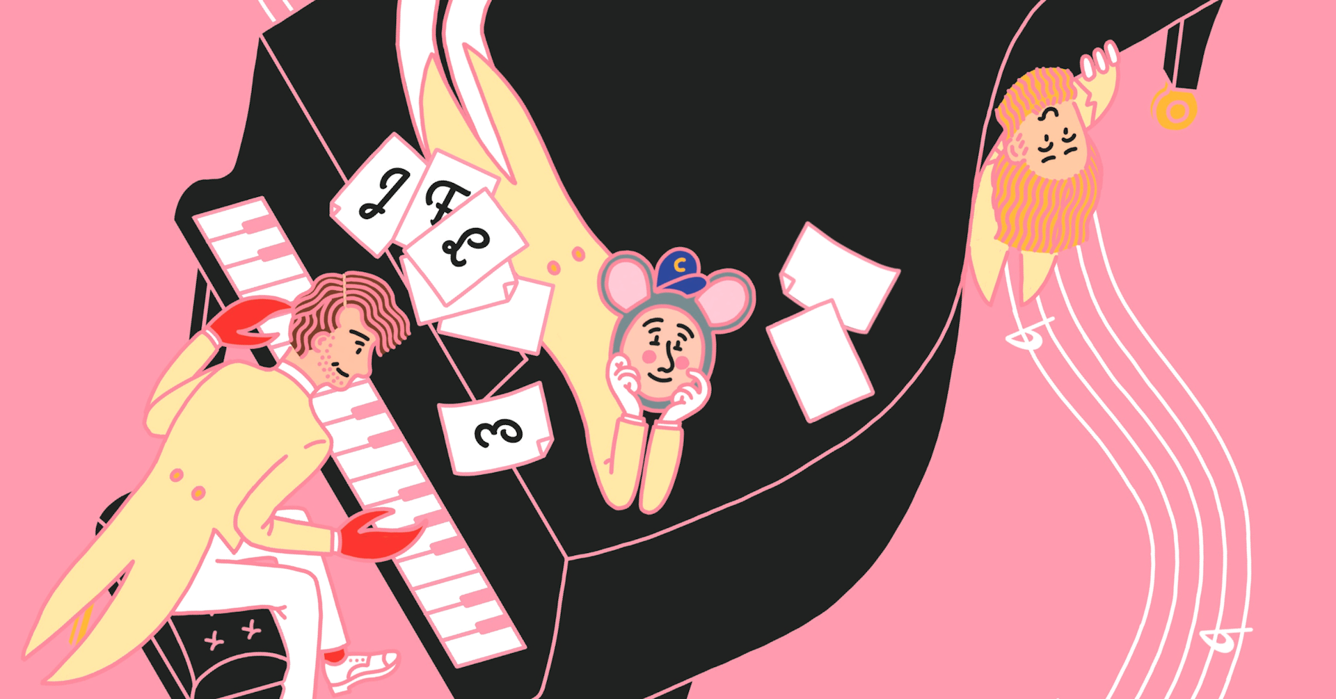 An illustration from the show poster. Jesse is sitting at piano with lobster claws for hands. The music he is playing spell out J-F-L-E on the pages. Jerome is laying stomach down on top of the piano with his head cradled in his arms as he smiles wearing a Charles Entertinament Cheese head complete with blue cap. Underneath the piano doing something that is probably keeping the whole show together is Aaron Tarnow. Kind of like a piano mechnaic, with his long waving hair and long waving beard.
