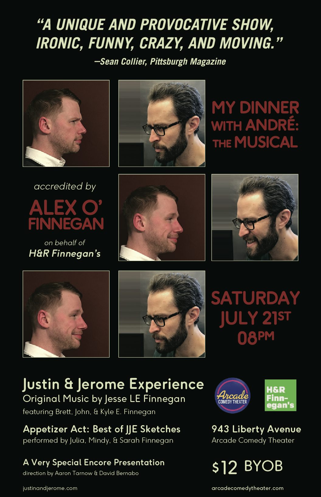 A show poster that mimics the original film poster for “My Dinner with André.” In multiple blocks there are separate pictures of Jerome and Justin looking at each other in various facial expressions. The top Jerome is looking very serious, only to be matched by Justin’s seriousness. The next row, they are both looking affable and smiling. The final row Jerome remains affable and Justin is now very serious. Throughout there are details about the show like the title, date, and sponsors.