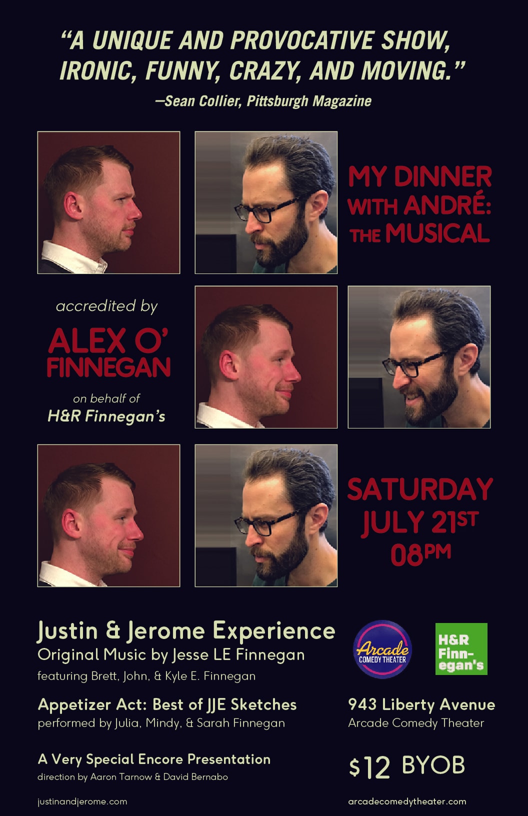 A show poster that mimics the original film poster for “My Dinner with André.” In multiple blocks there are separate pictures of Jerome and Justin looking at each other in various facial expressions. The top Jerome is looking very serious, only to be matched by Justin’s seriousness. The next row, they are both looking affable and smiling. The final row Jerome remains affable and Justin is now very serious. Throughout there are details about the show like the title, date, and sponsors.